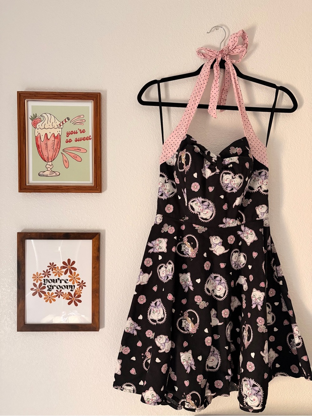 Hell Bunny Black Pink Kitten Print Halter Swing Dress Size Large Rockabilly